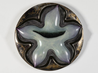 Judy Chicago, Natalie Barney test plate #2 from The dinner party, 1975-1978, China paint on porcelain, 14 in diameter, © Chicago Woodman LLC, Judy Chicago/Artist Rights Society (ARS), New York; Photo © Chicago Woodman LLC; Donald Woodman/Artists Rights Society, New York