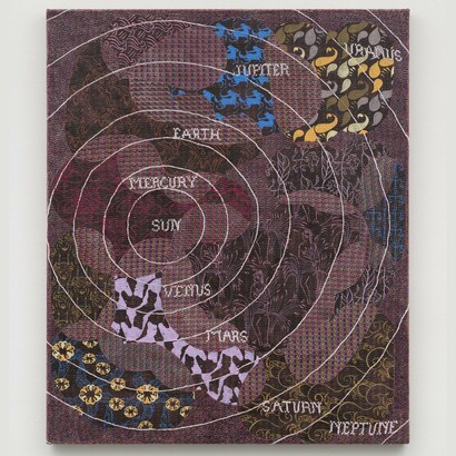 Barrow Parke,
Eccoci, 2022,
Acrylic and embroidery on hand-loomed linen,
35 1/2 x 29 5/8 inches.
Collection of Amanda Lo lacono and Matthew Coles