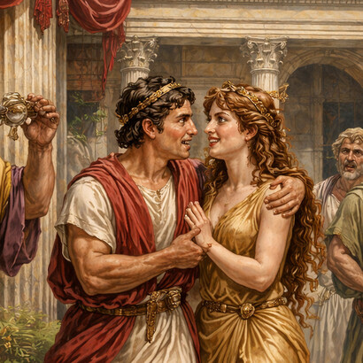 Ricostruzione, con l'ausilio dell'intelligenza artificiale, di una scena della commedia di Plauto "Curculio": l'adulescens, Fedromo e la fanciulla Planesio