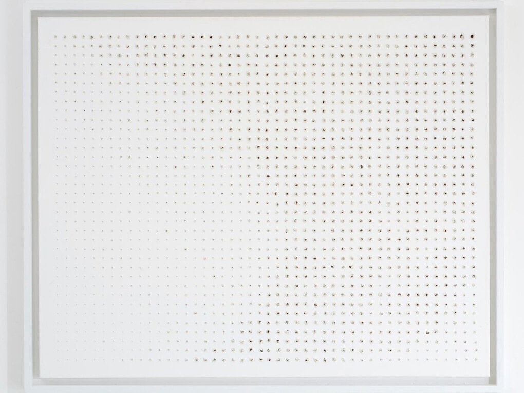 Kirstie Macleod, Flow, 2015, White masonry paint on stretched canvas with drilled holes, Image: 152 x 121 cm, Framed: 162 x 132 cm