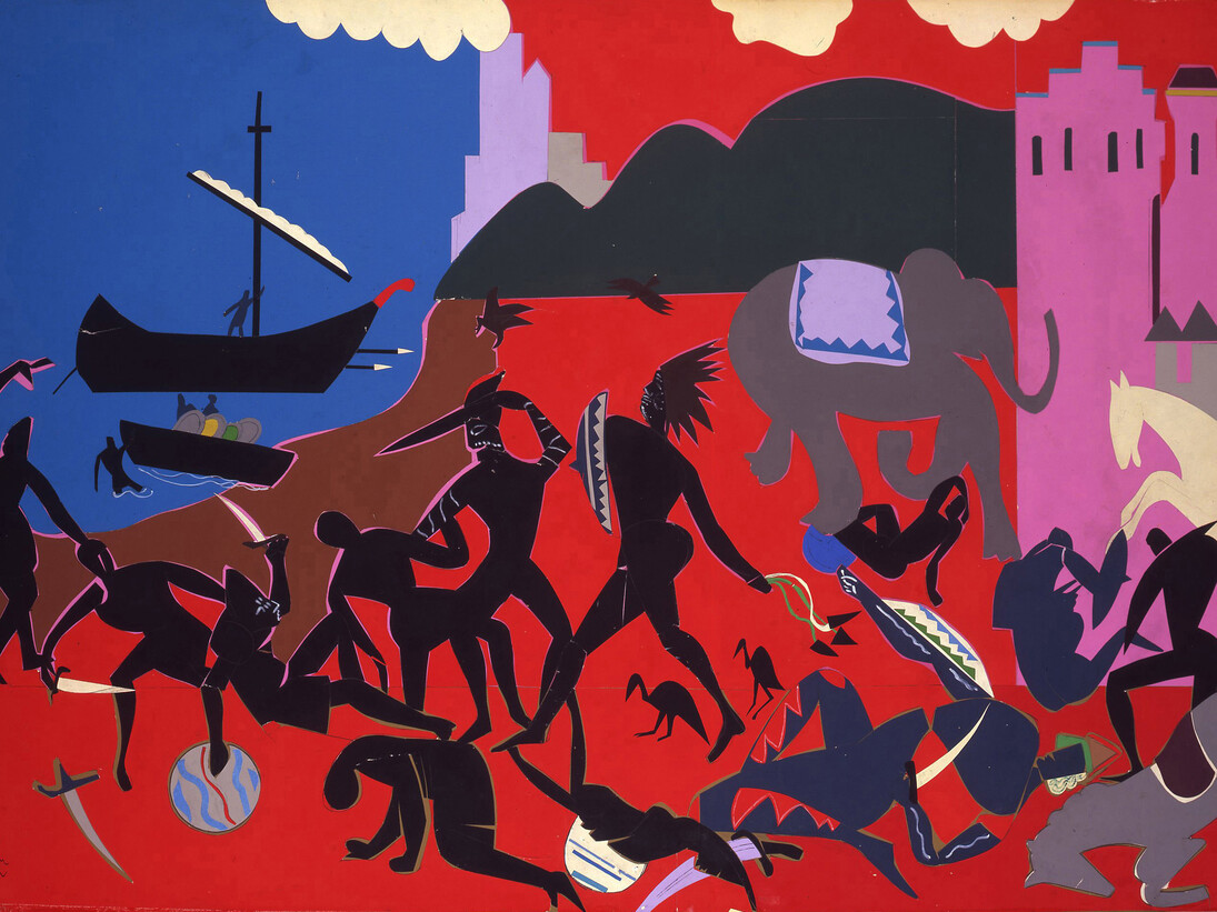 Battle with Cicones, Collage of various papers with graphite on fiberboard, 1977, Courtesy Currier Museum of Art