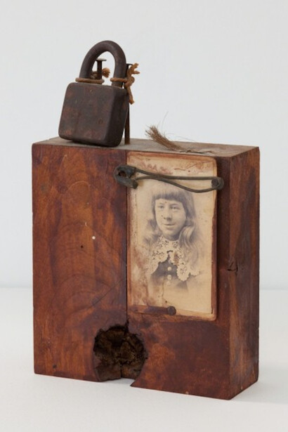 George Herms, Lockbox, c. 1959, Assemblage, 9 1/2 x 5 1/2 in. Courtesy of Susan Inglett Gallery