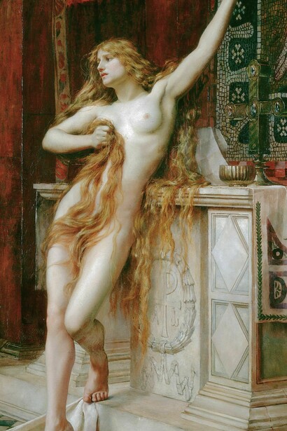 Escena inspirada en la novela Hypatia (1853) de Charles Kingsley. La obra plasma el pasaje donde la filósofa, despojada de sus vestiduras, se alza con indignación y sin miedo frente a la masa oscura de sus captores, apelando directamente al cielo con el brazo extendido