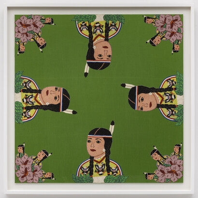 Wendy Red Star, Woman Chief (Bíawacheeitchish), 2023, fabric and archival pigment prints mounted on gatorboard, 44x44 inches. Courtesy of the artist and Sargent's Daughters