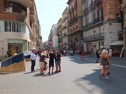 The outside view of Toledo Station features a striking architectural installation by Óscar Tusquets Blanca, Naples, Italy