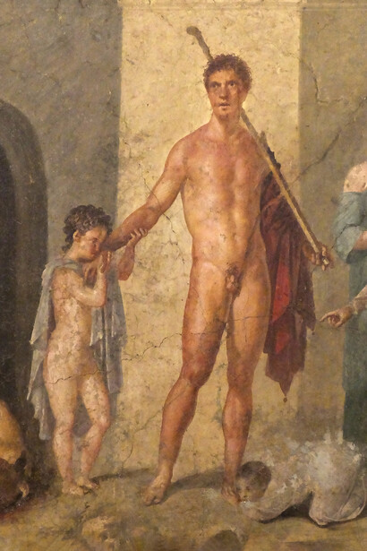 Teseo liberando a los niños atenienses tras haber matado al Minotauro en Cnosos (detalle), pintura encontrada en Pompeya