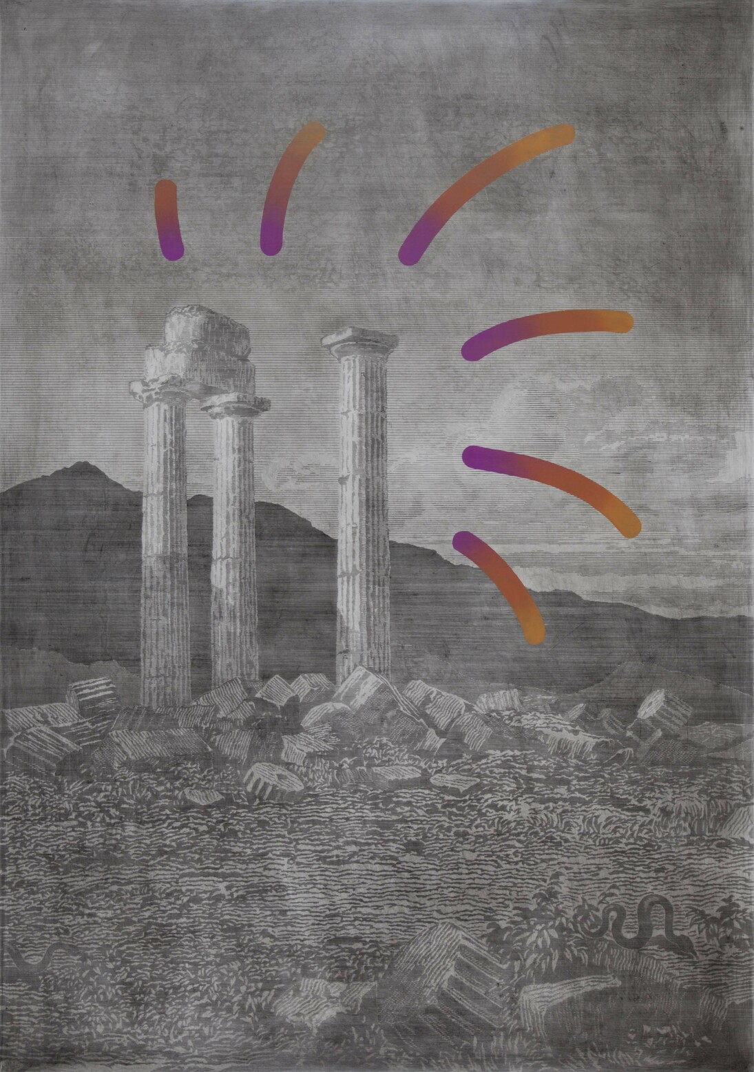 Chris Agnew, Variable, 2015, etching and oil paint on icon panel, 140 x 100 cm