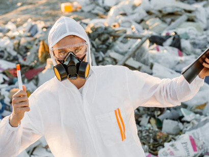 A worker in PPE sorting through a toxic e-waste dumpsite, emphasizing the dangers posed by improper disposal of electronic waste
