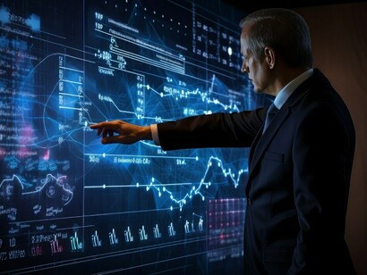 A businessman analyzing stock market trends using AI-driven analytics and advanced trading tools