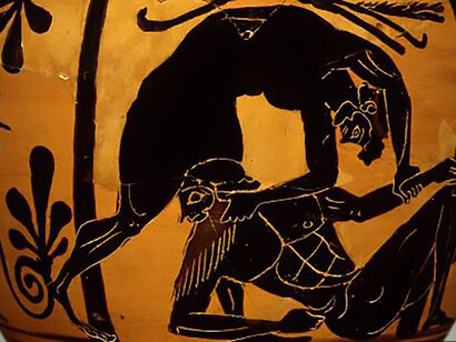 Hercules wrestling Antaeus portrayed on Tampa 86.29, an Attic black-figure neck amphora dating back to approximately 490-480 B.C. This captivating photograph is captured by Maria Daniels and graciously provided by the Tampa Museum of Art