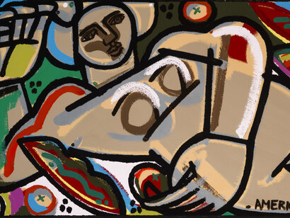 America Martin, Woman, Leaves and Stone Fruit 
Oil and Acrylic on Canvas
32" x 72"
