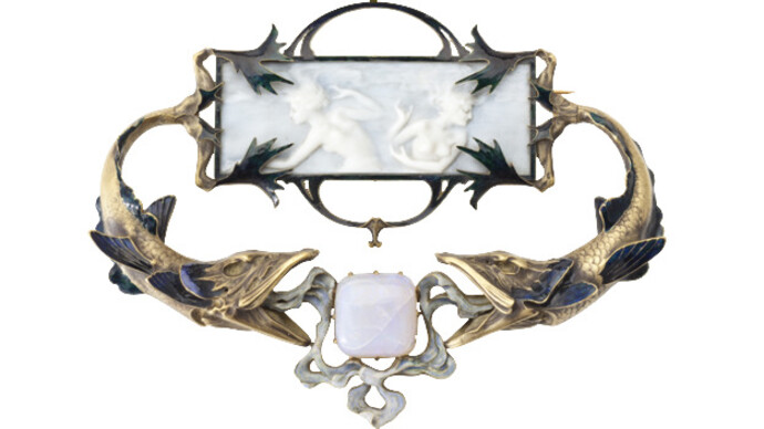 "Fishes" Brooch, René Lalique (1860-1945)1899 / 1900ParisGold with enamel, ivory and opal 11,5 x 15 cm