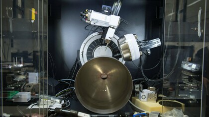 A section of a friction-stir welded titanium tank examined in an X-ray goniometer to detect residual stresses along welds