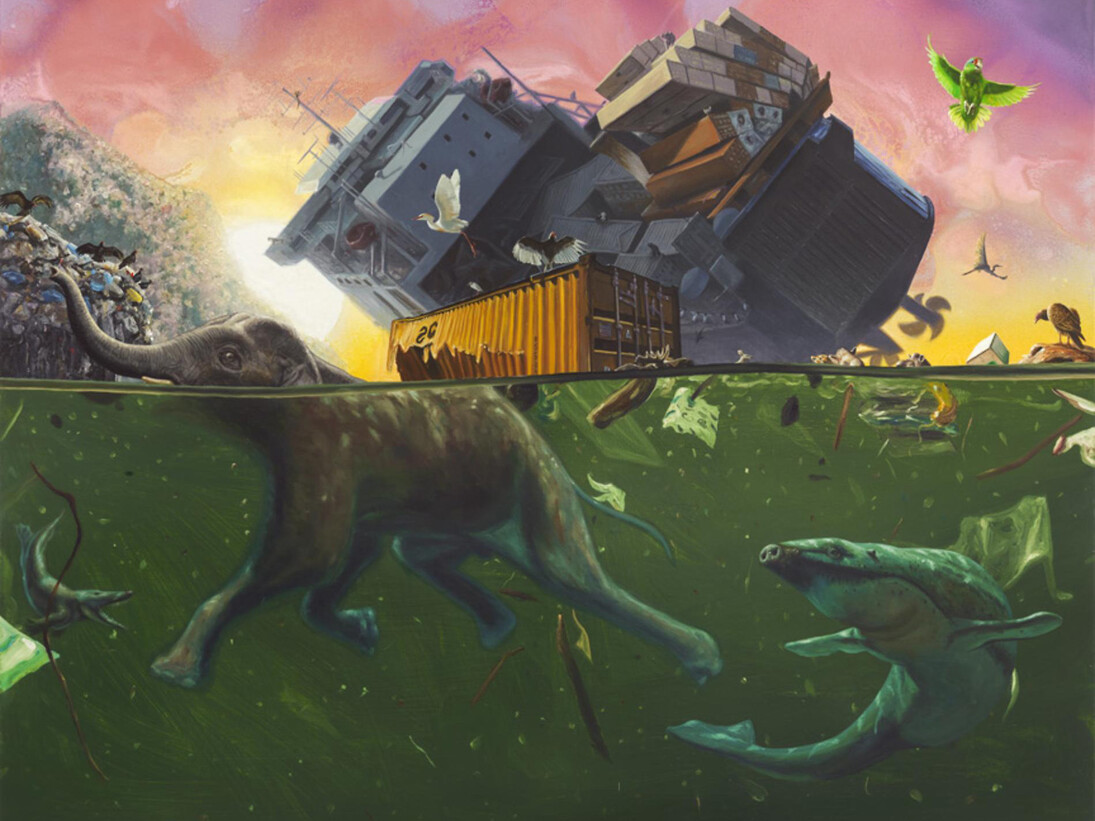 Alexis Rockman, Ark, 2014, Oil and alkyd on wood panel, 44 x 56 in. (111.8 x 142.2 cm). Courtesy of the artist and Sperone Westwater Gallery, New York