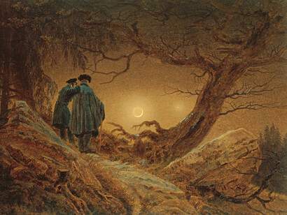 Two Men Contemplating the Moon, Caspar David Friedrich (German, Greifswald 1774–1840 Dresden), 1825–30, Oil on canvas, 13 3/4 x 17 1/4 in. (34.9 x 43.8 cm), Paintings. Wrightsman Fund, 2000