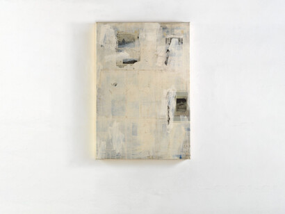 Lawrence Carroll, Untitled (Newspaper painting), house paint, wax, newspaper on canvas on wood. Courtesy of Buchmann Galerie