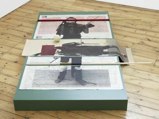Seb Patane, are we brothers in arms in brothers we are, 2013, screenprint and pencil on printed paper, paint, wood, tape, leather, 17.5 x 153 x 223 cm, © courtesy of the artist and Sprovieri London