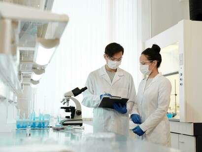 Scientists working in a modern research laboratory, representing innovation and scientific development in Europe