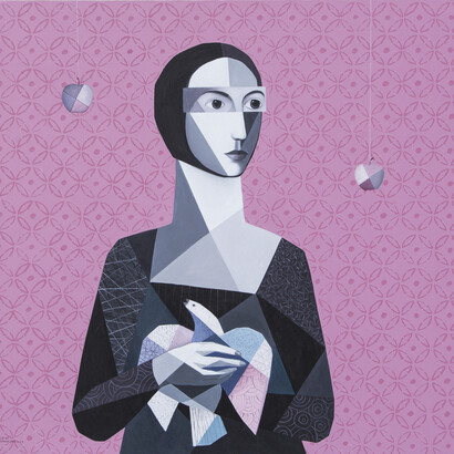 Oussama Diab, Lady With a Dove, 2015,  Acrylic on canvas, 150 x 160 cm