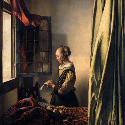 Jan Vermeer, Donna che legge una lettera davanti alla finestra, 1657 circa, particolare. Gemäldegalerie di Dresda, Germania