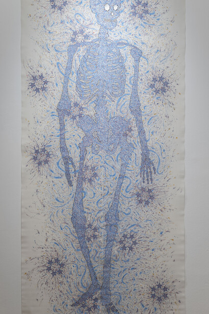 Alessandro Moreschini, Et in arcadia ego, tempera acrilica su 2 stoffe, 260 x 60 cm, totale 260 x 120 cm, 2018