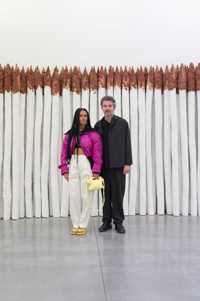 The artist Cinthia Marcelle and the curator Martin Germann for the installation Fence Mirage (MDD version) at MDD. Courtesy of Museum Dhondt-Dhaenens