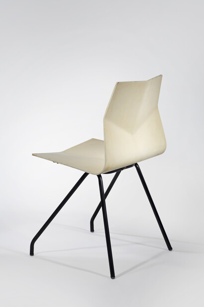 Rene Jean Caillette, Set of 6 Diamond Chairs, 1958, White lacquered molded plywood, black painted metal legs, 31.5 x 18 x 18 inches, 80 x 45.7 x 45.7 cm. Edition Steiner. Image courtesy of Demisch Danant. Photo by Thierry Depagne.