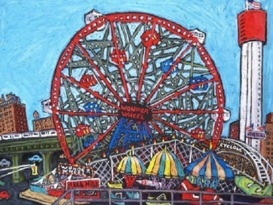 Susan Greenstein, Wonder Wheel, 24"H x 30" W, Oil Pastel on Coated Stock