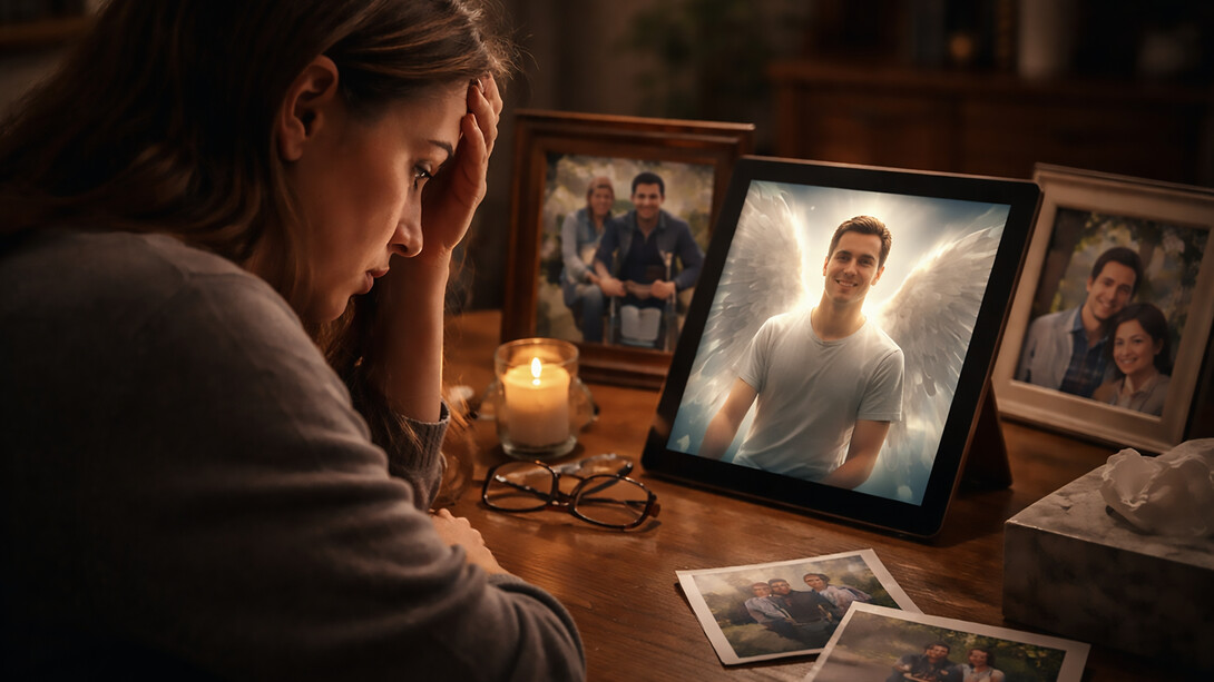 A woman looks at an AI-generated image of her deceased brother, raising difficult questions about memory, grief, and the ethical limits of altering the identity of those who have passed away