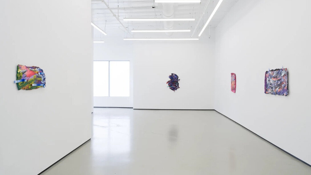 Katy Cowan, Tape drifts and figures reach, exhibition view. Courtesy of Philip Martin Gallery