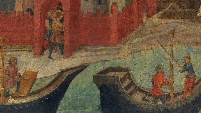 Compartiment d’une prédelle : navire et ville, Italie, seconde moitié du XVe siècle, Tempera sur bois, H.27cm ; L.38, 5 cm, Florence, Museo Stibbert. Inv. 16212 © Museo Stibbert, Firenze