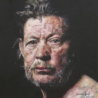 Ulrich Lamsfuss, Google Image Search „Gipsy“ I, 2014, Pierre Gonnord, Juan (Pierre Gonnord, 2005), Oil on Canvas, 35 x 30 cm, Courtesy Galerie Daniel Templon, Paris