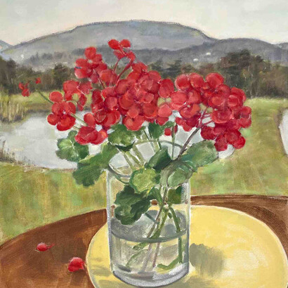 Daisy Craddock, Geraniums and Pond, 2022. Oil on canvas, 16h x 16w in. Courtesy of Garvey | Simon