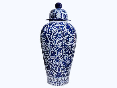 Tibor de talavera poblana con decorado en azul cobalto tradicional