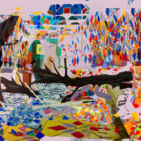 Ranu Mukherjee, Home and the World, 2015, Hybrid Film, HD-bd-r, Corridor from Ray's 'Ghare Baire', tile floor, earth floor, women moving forwards, fallen tree, Gulmohar and Banyan, owlgoat, dust, peacock, Bombay ephemera, broom, bamboo scaffolding, foil arch, tinsel, plywood, Dimensions variable, Courtesy of the Artist and Gallery Wendi Norris, San Francisco. 
