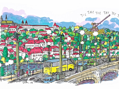 Il Metronomo, pantoni e pennarelli su carta, 2019 (tratto da Ritorno a Praga, dei Merangoli)