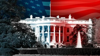 Image of The White House in The United States divided in blue for Democrat and red for Republican