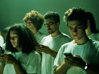 People of today are lost in the digital abyss, captivated by screens, navigating reality through a pixelated lens