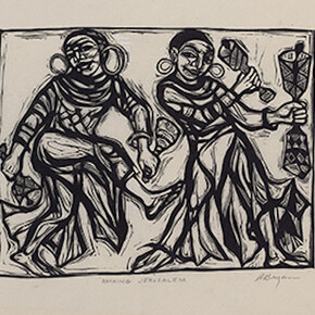 Ashley Bryan, American, born 1923, Rocking Jerusalem, 1974, Final illustration for Walk Together Children: Black American Spirituals (Atheneum Books, 1974), Linoleum cut on rice paper. The Eric Carle Museum of Picture Book Art, Amherst, Massachusetts. Gift of the artist. 