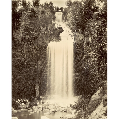 I.W. Taber, Huntington Falls, Strawberry Hill, Golden Gate Park, San Francisco, 1893, mammoth-plate albumen print, 21⅛ x 17⅛ inches