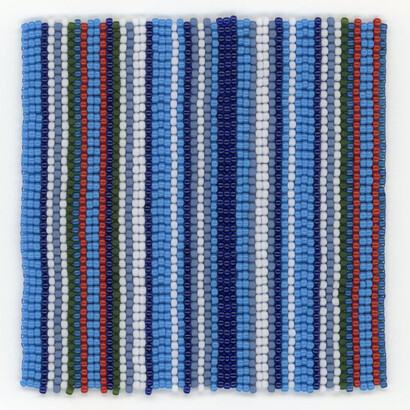 Bev Koski “Striped Robe in Blues, 1979” (2018); Beads and thread; 8.89 x 8.89 x 8.89 cm. Image courtesy of the artist