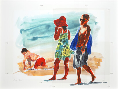 Eric Fischl,
Man Woman and Boy, 2018,
Sublimation on Mylar with pins and digital pigment print on paper, mounted on acid-free board,
32.50 x 41.50 in.