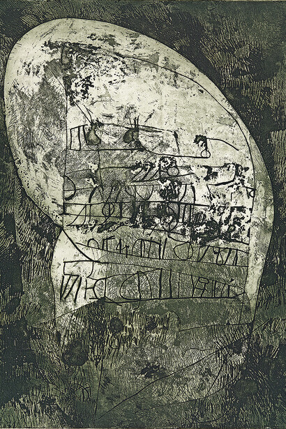 Martin Puryear, Rune Stone, 1966, Soft ground etching, aquatint, and open bite, with scraping and burnishing, in green-black on ivory wove paper. Courtesy of the artist. © Martin Puryear. Photography © The Art Institute of Chicago