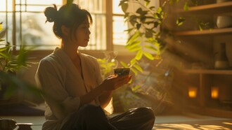 A woman sitting serenely as she disconnects from the bustle of life, representing the need to reclaim your peace in the middle of the hustle
