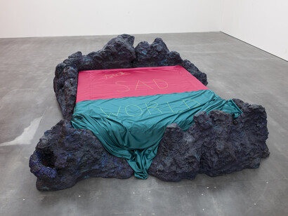 Tarek Lakhrissi, Sick Sad World, 2020. Installation in collaboration with Theo Demans and performance with wood, styrofoam, fabric, metal, polyether foam, polyurethan, pigments, acrylic plaster. Wiels, Brussels, BE. Photography: Philippe De Gober. Courtesy of the artist and VITRINE London/Basel.