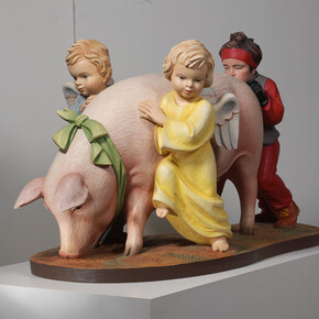 Jeff Koons
Ushering in Banality, 1988
Polychromed wood
38 x 62 x 30 inches
96.5 x 157.5 x 76.2 cm