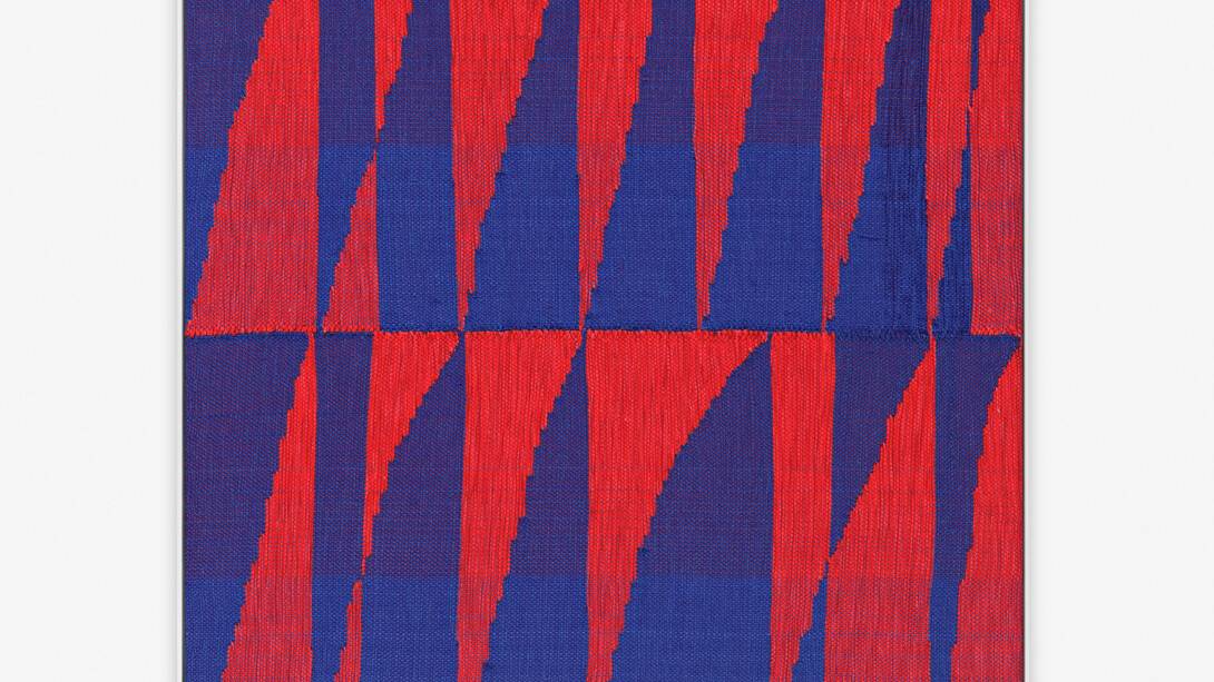 Brent Wadden,  RED/BLUE #2,  2014,  Painting - Handwoven fibers, wool, cotton and acrylic on canvas,  39.57 by 40.75 in. 100.5 by 103.5 cm, Courtesy of Almine Rech Gallery; Peres Projects, Berlin and Mitchell-Innes & Nash, NY.
