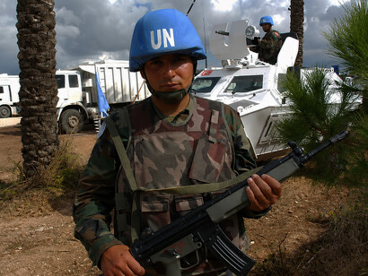 A Turkish soldier stands guard at a United Nations camp in Lebanon