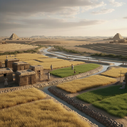 A stone-lined main canal channels water into smaller branches, nourishing cultivated fields of wheat and barley