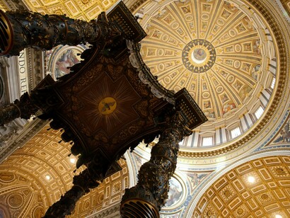 Located within St. Peter's Basilica in Vatican City, Bernini's towering Baldachin marks the papal high altar and is encircled by magnificent frescoes, marble sculptures, and intricate architectural details